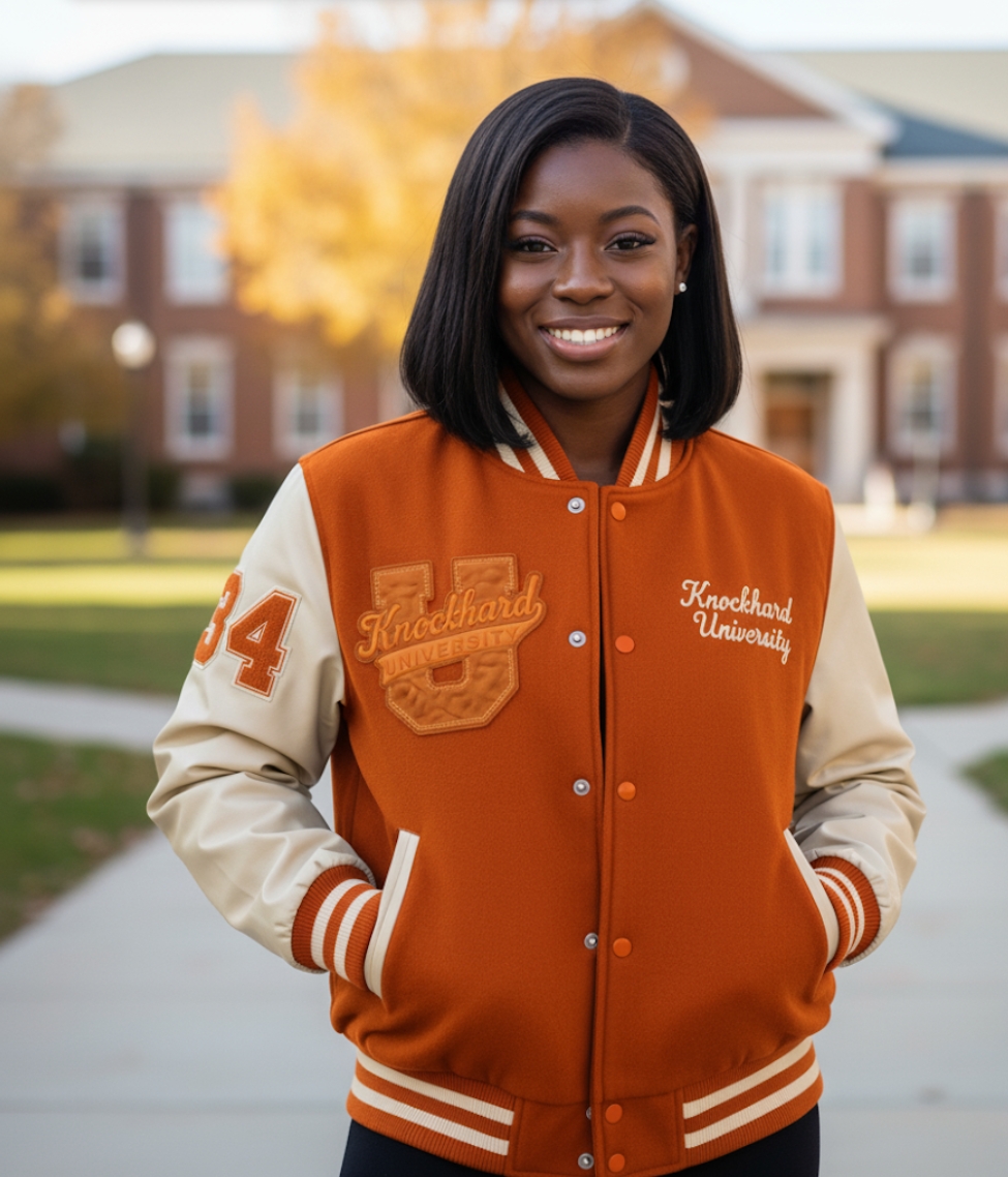 KHU Letterman Jacket in Burnt Orange & Cream — wool + leather