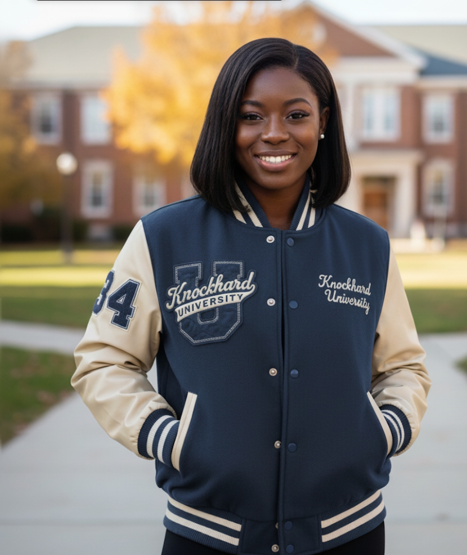 KHU Letterman Jacket in Navy Blue & Cream — wool + leather