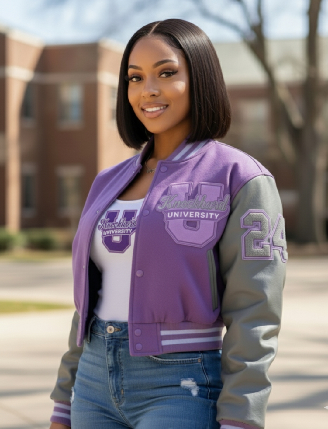 KHU Letterman Jacket in Lavender & Slate Grey — wool + leather