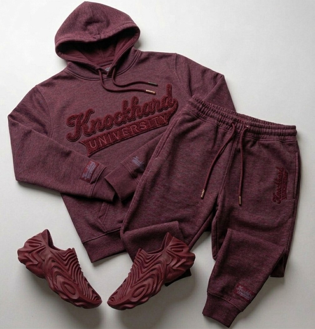 Knockhard University tracksuit in Sundown — Deep maroon